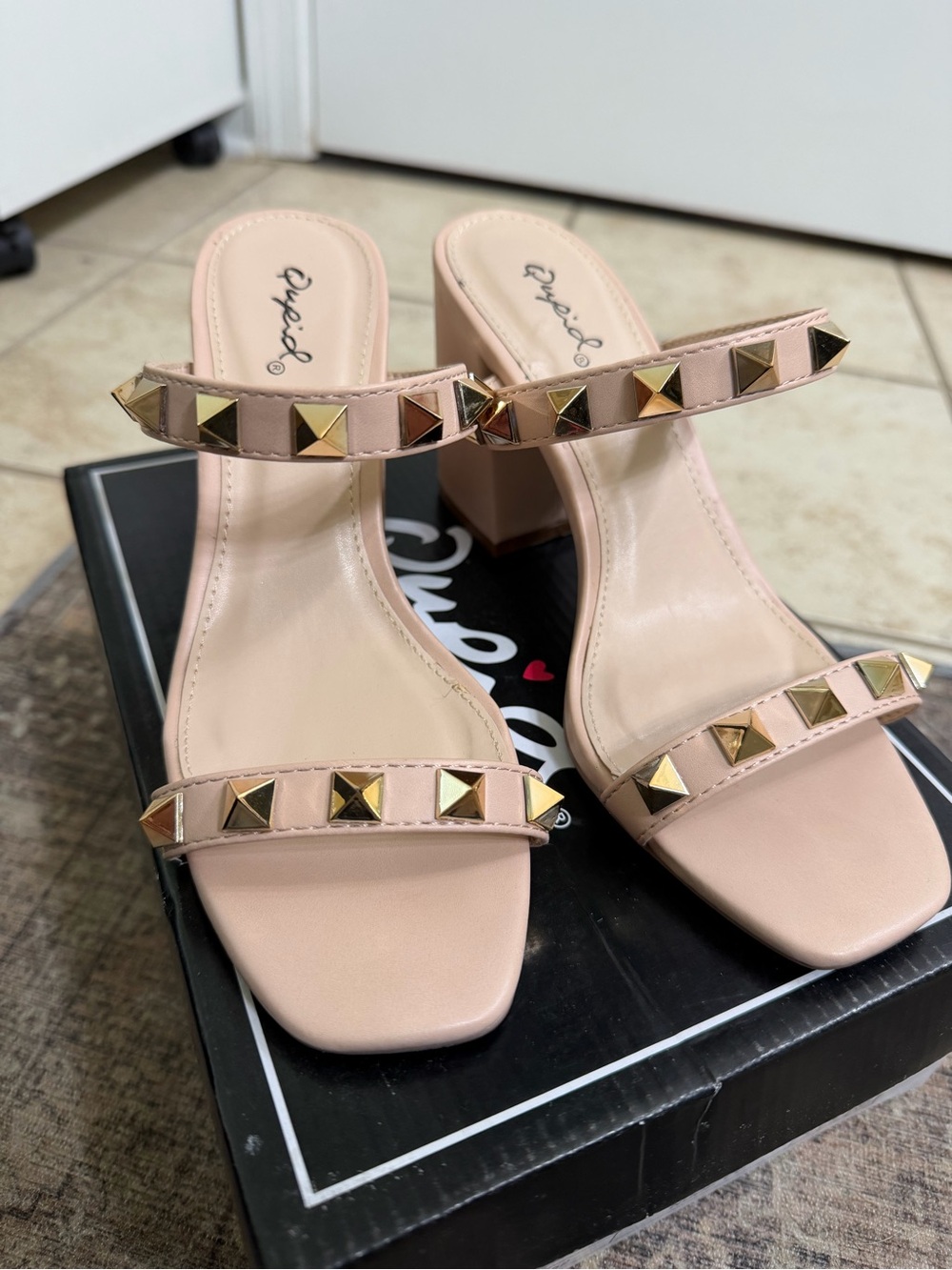 Nude Studded Block Heel Sandals - Size 6